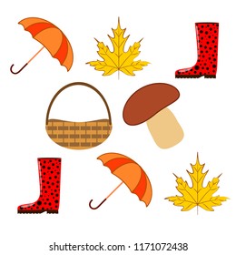 umbrella rubber boots maple leaf basket mushroom autumnal vector background