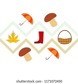 umbrella rubber boots maple leaf basket mushroom autumnal vector background