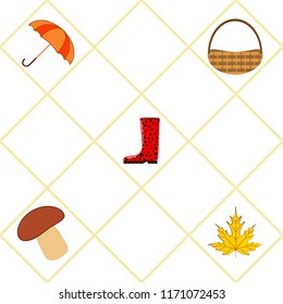 umbrella rubber boots maple leaf basket mushroom autumnal vector background