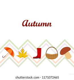 umbrella rubber boots maple leaf basket mushroom autumnal vector background