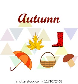 umbrella rubber boots maple leaf basket mushroom autumnal vector background