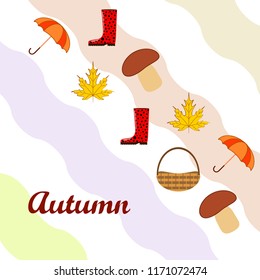 umbrella rubber boots maple leaf basket mushroom autumnal vector background