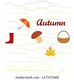 umbrella rubber boots maple leaf basket mushroom autumnal vector background