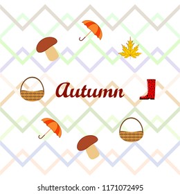 umbrella rubber boots maple leaf basket mushroom autumnal vector background