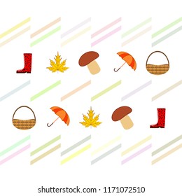 umbrella rubber boots maple leaf basket mushroom autumnal vector background