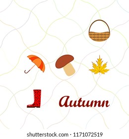 umbrella rubber boots maple leaf basket mushroom autumnal vector background