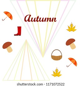 umbrella rubber boots maple leaf basket mushroom autumnal vector background