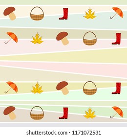 umbrella rubber boots maple leaf basket mushroom autumnal vector background