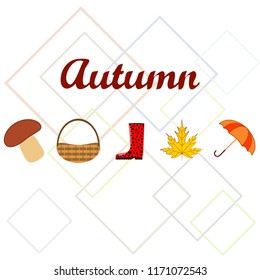 umbrella rubber boots maple leaf basket mushroom autumnal vector background
