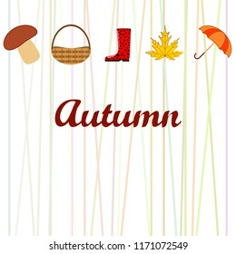 umbrella rubber boots maple leaf basket mushroom autumnal vector background