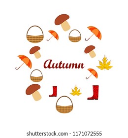 umbrella rubber boots maple leaf basket mushroom autumnal vector background