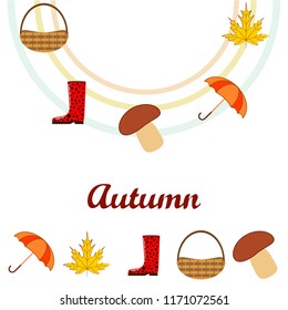 umbrella rubber boots maple leaf basket mushroom autumnal vector background