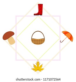 umbrella rubber boots maple leaf basket mushroom autumnal vector background