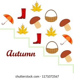 umbrella rubber boots maple leaf basket mushroom autumnal vector background