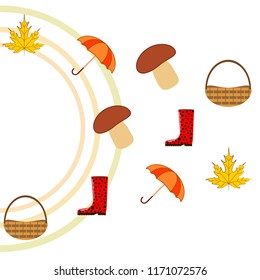umbrella rubber boots maple leaf basket mushroom autumnal vector background