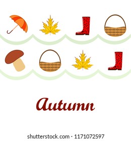 umbrella rubber boots maple leaf basket mushroom autumnal vector background