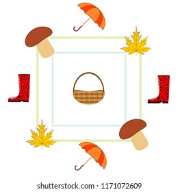umbrella rubber boots maple leaf basket mushroom autumnal vector background