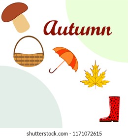 umbrella rubber boots maple leaf basket mushroom autumnal vector background