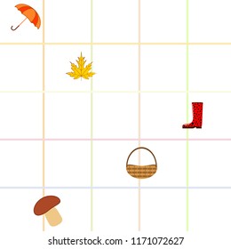 umbrella rubber boots maple leaf basket mushroom autumnal vector background