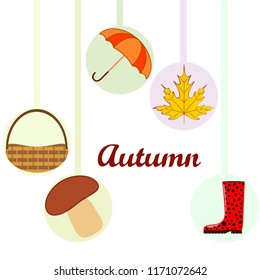 umbrella rubber boots maple leaf basket mushroom autumnal vector background