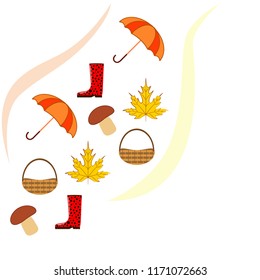 umbrella rubber boots maple leaf basket mushroom autumnal vector background