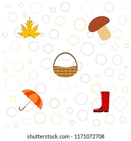 umbrella rubber boots maple leaf basket mushroom autumnal vector background