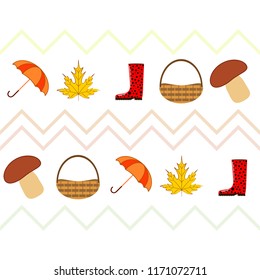 umbrella rubber boots maple leaf basket mushroom autumnal vector background