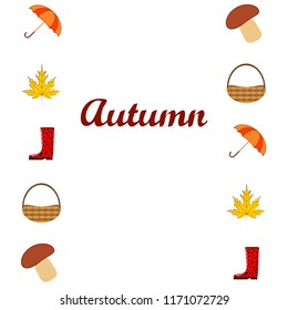 umbrella rubber boots maple leaf basket mushroom autumnal vector background