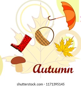umbrella rubber boots maple leaf basket mushroom autumnal vector background