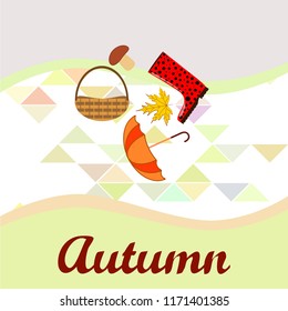 umbrella rubber boots maple leaf basket mushroom autumnal vector background