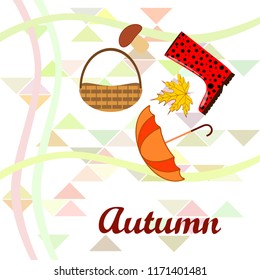 umbrella rubber boots maple leaf basket mushroom autumnal vector background