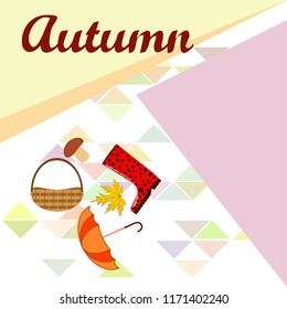 umbrella rubber boots maple leaf basket mushroom autumnal vector background