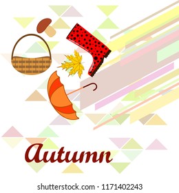 umbrella rubber boots maple leaf basket mushroom autumnal vector background