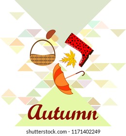 umbrella rubber boots maple leaf basket mushroom autumnal vector background