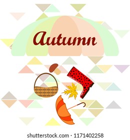 umbrella rubber boots maple leaf basket mushroom autumnal vector background