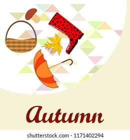 umbrella rubber boots maple leaf basket mushroom autumnal vector background