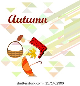 umbrella rubber boots maple leaf basket mushroom autumnal vector background
