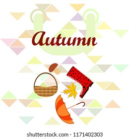 umbrella rubber boots maple leaf basket mushroom autumnal vector background
