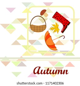 umbrella rubber boots maple leaf basket mushroom autumnal vector background