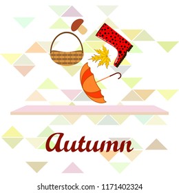 umbrella rubber boots maple leaf basket mushroom autumnal vector background