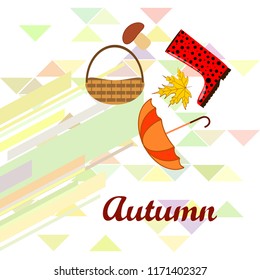 umbrella rubber boots maple leaf basket mushroom autumnal vector background