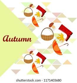 umbrella rubber boots maple leaf basket mushroom autumnal vector background