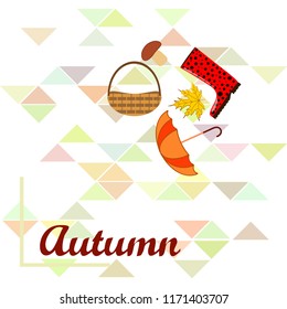 umbrella rubber boots maple leaf basket mushroom autumnal vector background