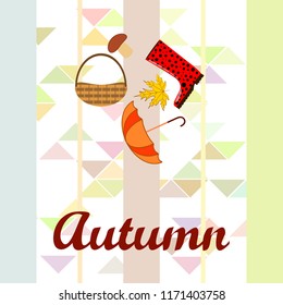 umbrella rubber boots maple leaf basket mushroom autumnal vector background