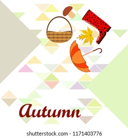 umbrella rubber boots maple leaf basket mushroom autumnal vector background