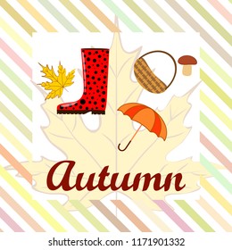umbrella rubber boots maple leaf basket mushroom autumnal vector background