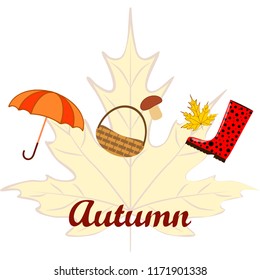 umbrella rubber boots maple leaf basket mushroom autumnal vector background