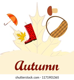umbrella rubber boots maple leaf basket mushroom autumnal vector background