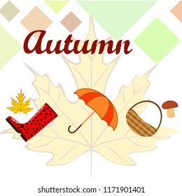 umbrella rubber boots maple leaf basket mushroom autumnal vector background