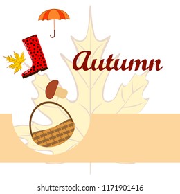 umbrella rubber boots maple leaf basket mushroom autumnal vector background